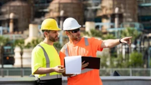 2 company workers, one wearning yellow shirt and the other wearing orange shirt